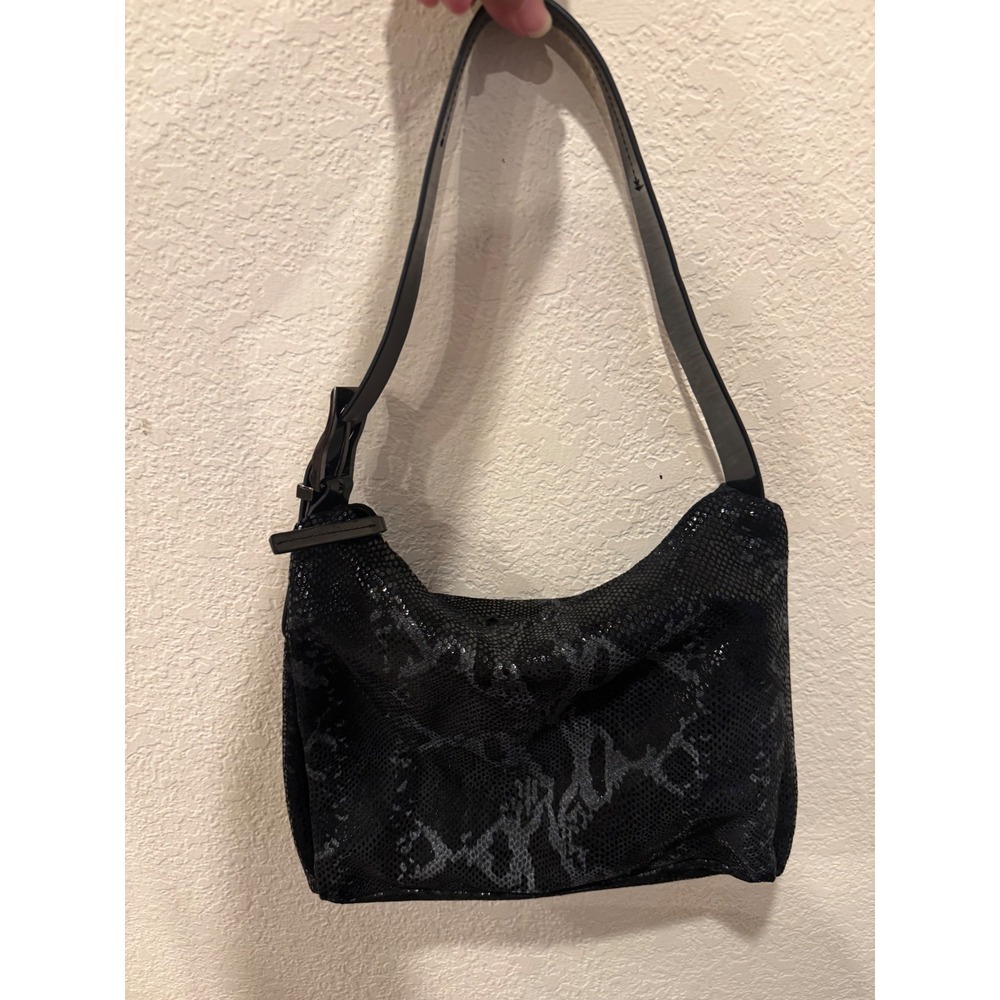 Sabina NY Black  Snakeskin Print VTG Genuine Leather Shoulder Bag Baguette Purse